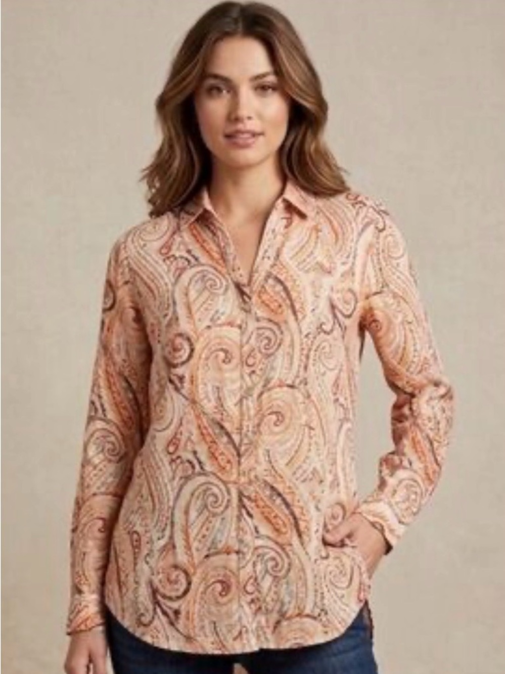 RACHEL ZOE Size M Paisley Print 100% LINEN Button Down Collared Top